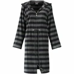 Brandneu 🎉 Cawö Wäsche Cawö Bademäntel Kurzmantel Mit Reißverschluss Und Kapuze Streifen 2112 In Schwarz - 97 Günstig Kaufen 🧨